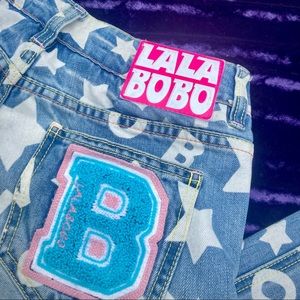 LALABOBO light wash mid rise baby pink blue patched lettered Y2K Juniors jeans